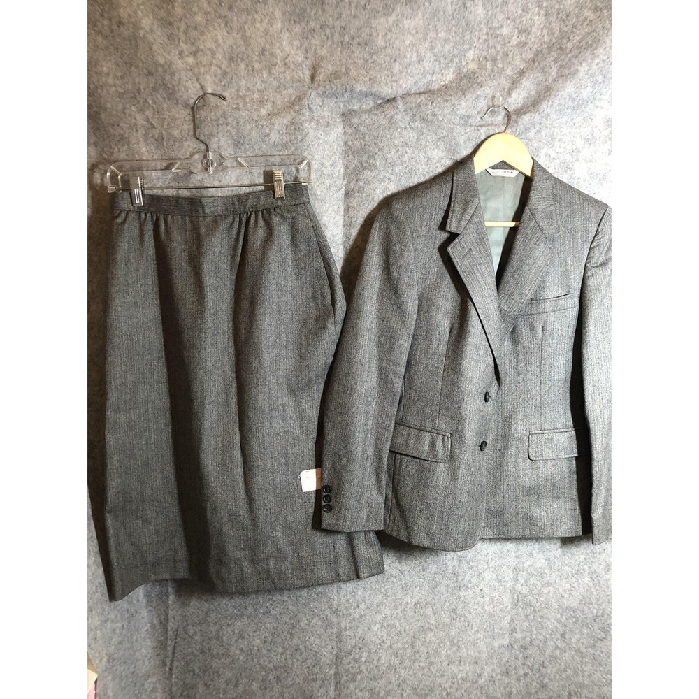 Vintage Titus MacDuff Skirt Suit 10 Gray 100% Wool Herringbone 2 Piece Made USA